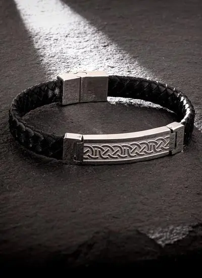 Black Leather Celtic Bracelet with Stainless Steel